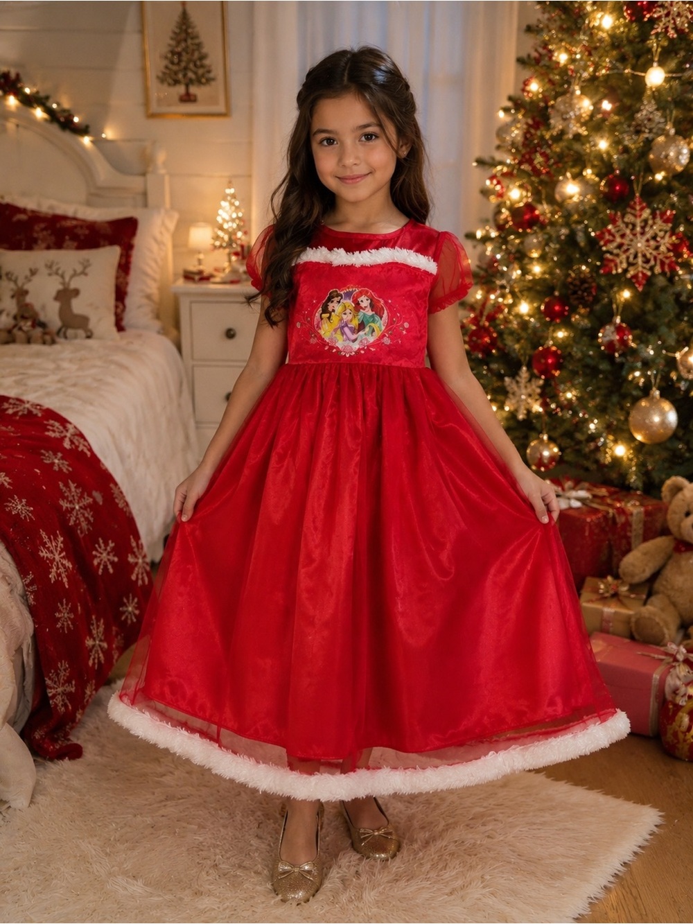 S - (10/12) - DISNEY - Girls' Red Holiday Princess night gown Dress Christmas